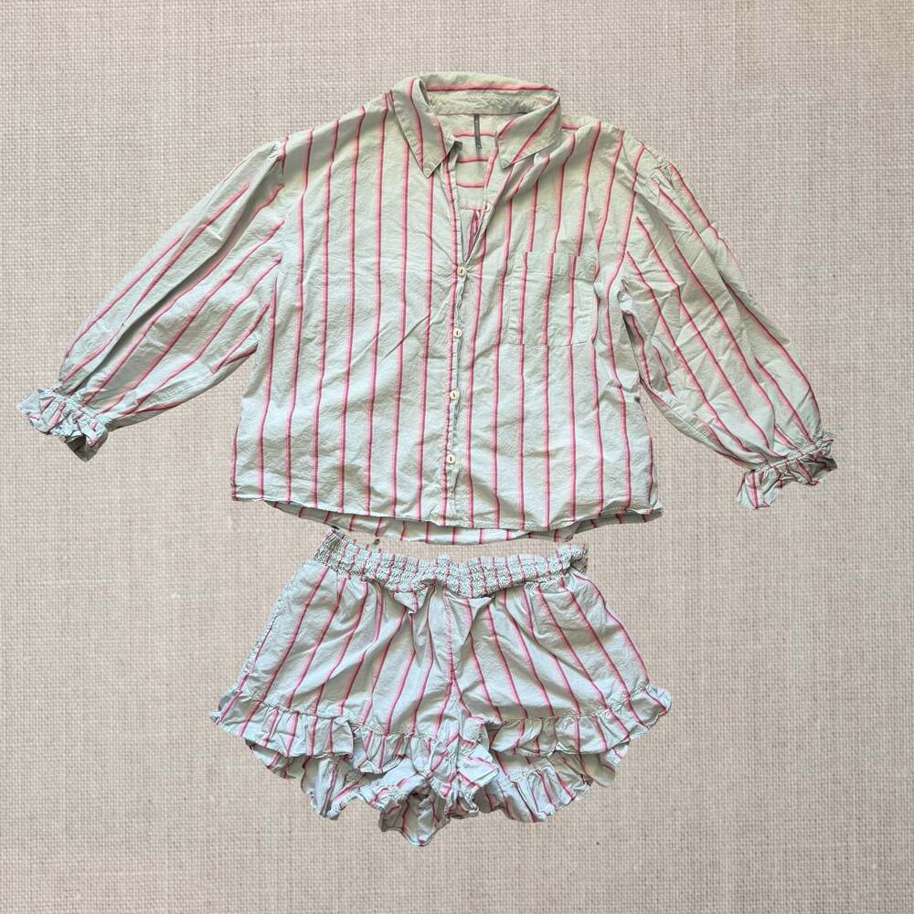 Mint Green Pink Striped Pajama Set Long Sleeve Top Ruffle Shorts Sleepwear Women